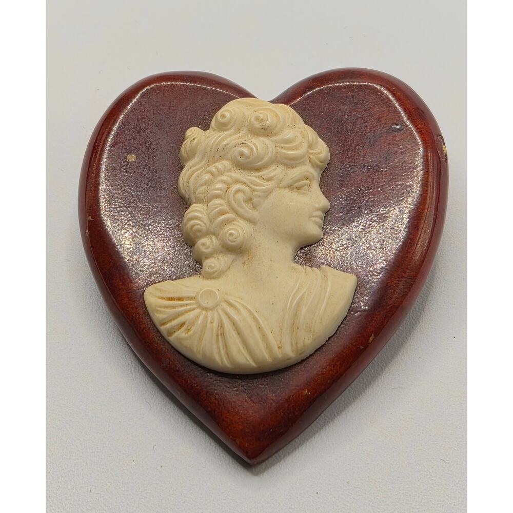 Vintage Cameo Heart Brooch Carved Lady Root Beer Lucite Pin